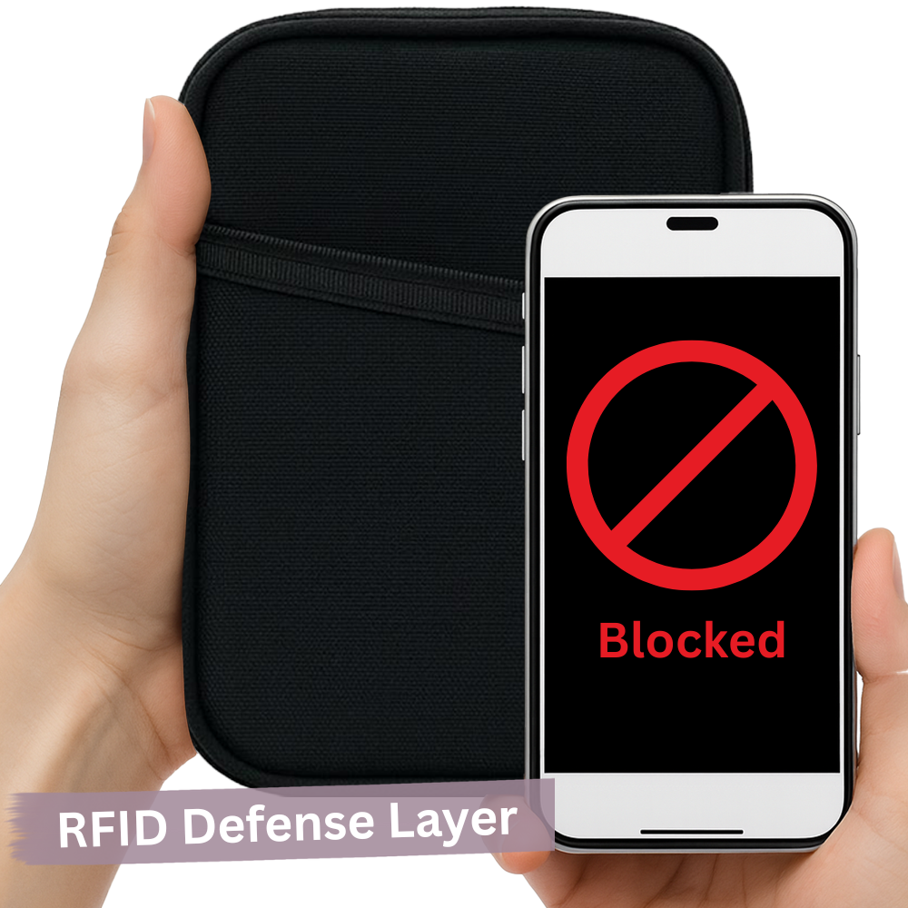 EM RFID Protection Travel Wallet & Passport Holder – Zippered Organizer Case with AirTag card holder – Holds Cards, Cash, ID, Tickets