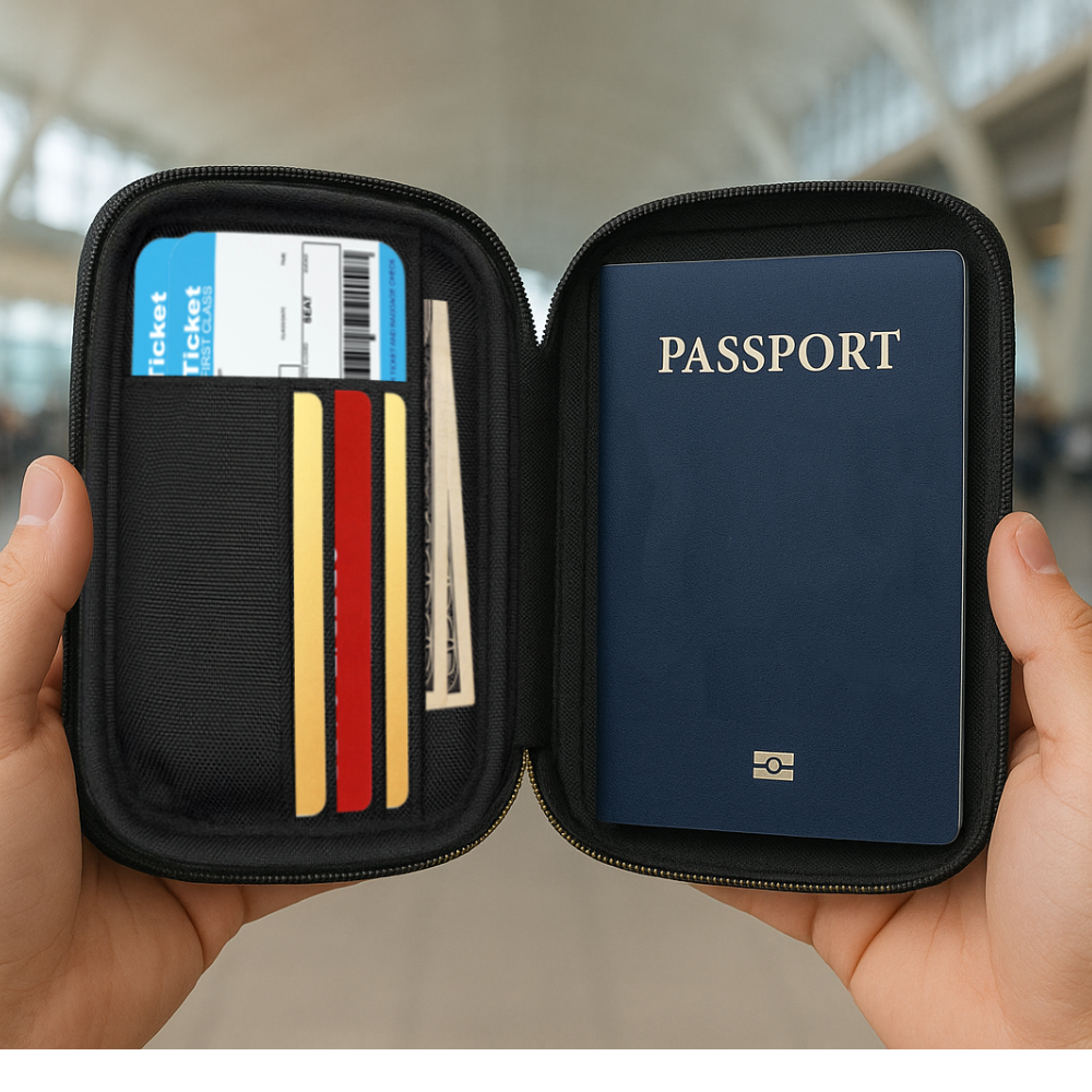 EM RFID Protection Travel Wallet & Passport Holder – Zippered Organizer Case with AirTag card holder – Holds Cards, Cash, ID, Tickets
