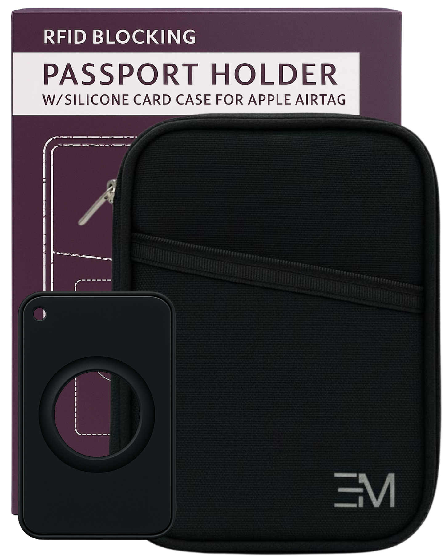 EM RFID Protection Travel Wallet & Passport Holder – Zippered Organizer Case with AirTag card holder – Holds Cards, Cash, ID, Tickets